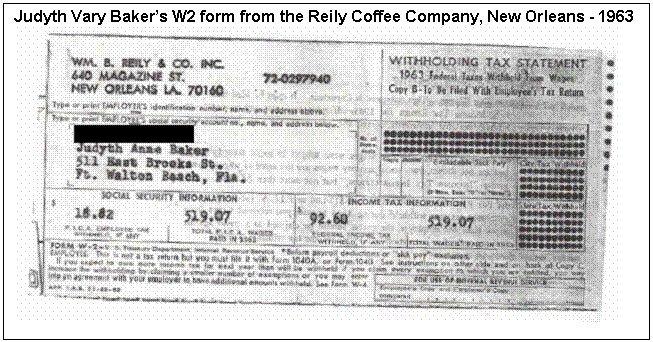 Text Box: Judyth Vary Baker�s W2 form from the Reily Coffee Company, New Orleans - 1963
 
